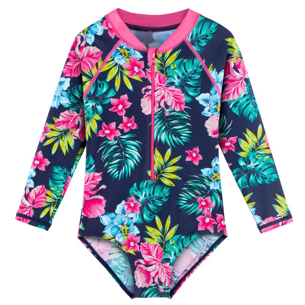 BAOHULU Navy Floral Girls Swimwear Kids Long Sleeve One Piece Beach Swimming Suit